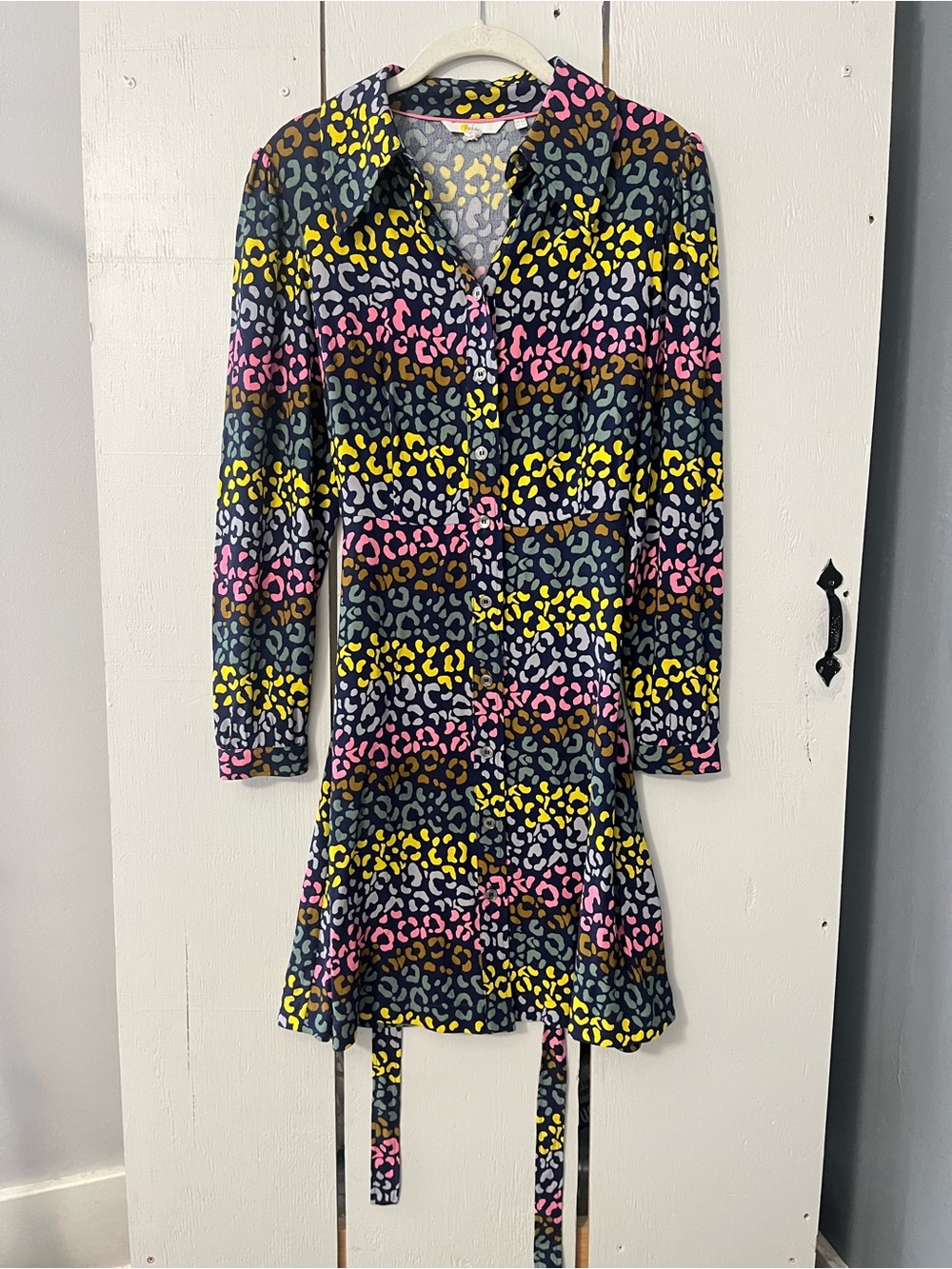 Boden Navy Multicolor Leopard-Print Long Sleeve Shirt Dress Size 4R